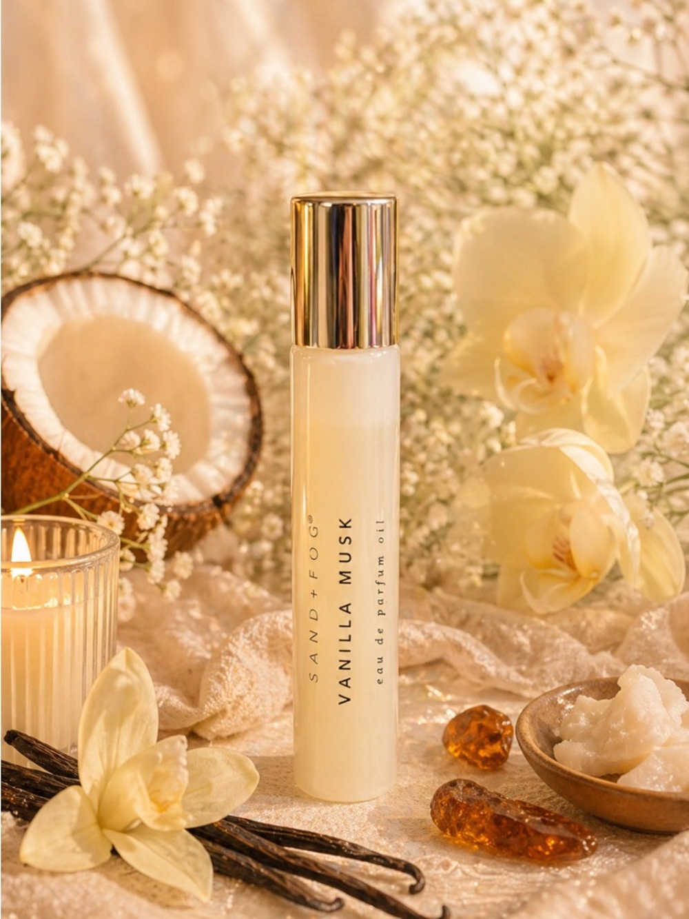 NEW Sand+Fog Vanilla Musk Perfume Oil .33 fl oz (10 ML) EDP Rollerball Coconut